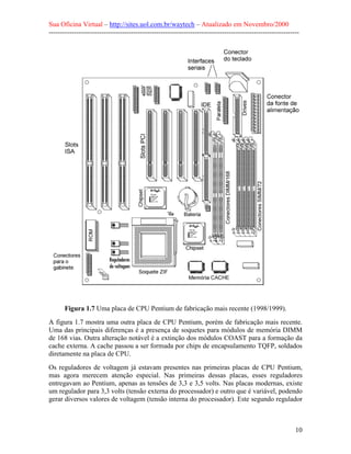 Sua Oficina Virtual – http://sites.uol.com.br/waytech – Atualizado em Novembro/2000
--------------------------------------------------------------------------------------------------------------




      Figura 1.7 Uma placa de CPU Pentium de fabricação mais recente (1998/1999).
A figura 1.7 mostra uma outra placa de CPU Pentium, porém de fabricação mais recente.
Uma das principais diferenças é a presença de soquetes para módulos de memória DIMM
de 168 vias. Outra alteração notável é a extinção dos módulos COAST para a formação da
cache externa. A cache passou a ser formada por chips de encapsulamento TQFP, soldados
diretamente na placa de CPU.
Os reguladores de voltagem já estavam presentes nas primeiras placas de CPU Pentium,
mas agora merecem atenção especial. Nas primeiras dessas placas, esses reguladores
entregavam ao Pentium, apenas as tensões de 3,3 e 3,5 volts. Nas placas modernas, existe
um regulador para 3,3 volts (tensão externa do processador) e outro que é variável, podendo
gerar diversos valores de voltagem (tensão interna do processador). Este segundo regulador



                                                                                                            10
 
