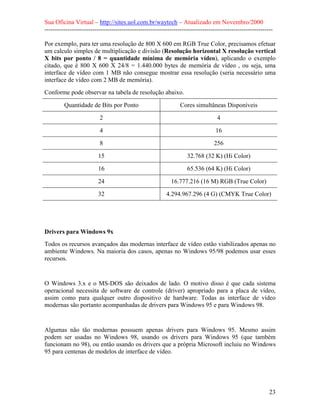 Sua Oficina Virtual – http://sites.uol.com.br/waytech – Atualizado em Novembro/2000
--------------------------------------------------------------------------------------------------------------

Por exemplo, para ter uma resolução de 800 X 600 em RGB True Color, precisamos efetuar
um calculo simples de multiplicação e divisão (Resolução horizontal X resolução vertical
X bits por ponto / 8 = quantidade mínima de memória vídeo), aplicando o exemplo
citado, que é 800 X 600 X 24/8 = 1.440.000 bytes de memória de vídeo , ou seja, uma
interface de vídeo com 1 MB não consegue mostrar essa resolução (seria necessário uma
interface de vídeo com 2 MB de memória).
Conforme pode observar na tabela de resolução abaixo.

         Quantidade de Bits por Ponto                            Cores simultâneas Disponíveis

                          2                                                        4

                          4                                                       16

                          8                                                      256

                         15                                         32.768 (32 K) (Hi Color)

                         16                                         65.536 (64 K) (Hi Color)

                         24                                  16.777.216 (16 M) RGB (True Color)

                         32                               4.294.967.296 (4 G) (CMYK True Color)




Drivers para Windows 9x
Todos os recursos avançados das modernas interface de vídeo estão viabilizados apenas no
ambiente Windows. Na maioria dos casos, apenas no Windows 95/98 podemos usar esses
recursos.


O Windows 3.x e o MS-DOS são deixados de lado. O motivo disso é que cada sistema
operacional necessita de software de controle (driver) apropriado para a placa de vídeo,
assim como para qualquer outro dispositivo de hardware. Todas as interface de vídeo
modernas são portanto acompanhadas de drivers para Windows 95 e para Windows 98.


Algumas não tão modernas possuem apenas drivers para Windows 95. Mesmo assim
podem ser usadas no Windows 98, usando os drivers para Windows 95 (que também
funcionam no 98), ou então usando os drivers que a própria Microsoft incluiu no Windows
95 para centenas de modelos de interface de vídeo.




                                                                                                            23
 
