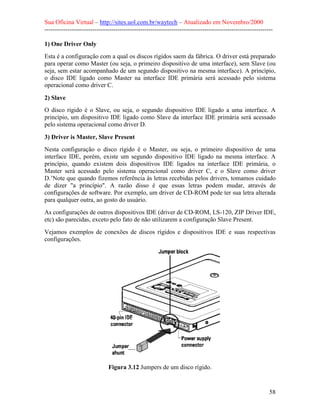 Sua Oficina Virtual – http://sites.uol.com.br/waytech – Atualizado em Novembro/2000
--------------------------------------------------------------------------------------------------------------

1) One Driver Only
Esta é a configuração com a qual os discos rígidos saem da fábrica. O driver está preparado
para operar como Master (ou seja, o primeiro dispositivo de uma interface), sem Slave (ou
seja, sem estar acompanhado de um segundo dispositivo na mesma interface). A princípio,
o disco IDE ligado como Master na interface IDE primária será acessado pelo sistema
operacional como driver C.

2) Slave
O disco rígido é o Slave, ou seja, o segundo dispositivo IDE ligado a uma interface. A
princípio, um dispositivo IDE ligado como Slave da interface IDE primária será acessado
pelo sistema operacional como driver D.

3) Driver is Master, Slave Present
Nesta configuração o disco rígido é o Master, ou seja, o primeiro dispositivo de uma
interface IDE, porém, existe um segundo dispositivo IDE ligado na mesma interface. A
princípio, quando existem dois dispositivos IDE ligados na interface IDE primária, o
Master será acessado pelo sistema operacional como driver C, e o Slave como driver
D.’Note que quando fizemos referência às letras recebidas pelos drivers, tomamos cuidado
de dizer "a princípio". A razão disso é que essas letras podem mudar, através de
configurações de software. Por exemplo, um driver de CD-ROM pode ter sua letra alterada
para qualquer outra, ao gosto do usuário.
As configurações de outros dispositivos IDE (driver de CD-ROM, LS-120, ZIP Driver IDE,
etc) são parecidas, exceto pelo fato de não utilizarem a configuração Slave Present.
Vejamos exemplos de conexões de discos rígidos e dispositivos IDE e suas respectivas
configurações.




                              Figura 3.12 Jumpers de um disco rígido.


                                                                                                            58
 