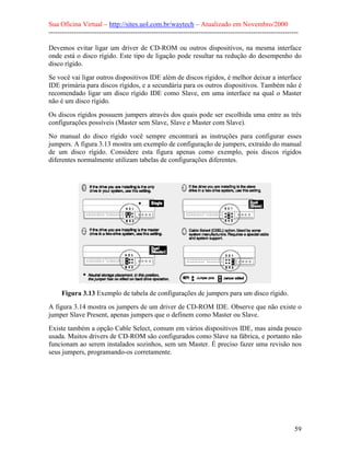 Sua Oficina Virtual – http://sites.uol.com.br/waytech – Atualizado em Novembro/2000
--------------------------------------------------------------------------------------------------------------

Devemos evitar ligar um driver de CD-ROM ou outros dispositivos, na mesma interface
onde está o disco rígido. Este tipo de ligação pode resultar na redução do desempenho do
disco rígido.
Se você vai ligar outros dispositivos IDE além de discos rígidos, é melhor deixar a interface
IDE primária para discos rígidos, e a secundária para os outros dispositivos. Também não é
recomendado ligar um disco rígido IDE como Slave, em uma interface na qual o Master
não é um disco rígido.
Os discos rígidos possuem jumpers através dos quais pode ser escolhida uma entre as três
configurações possíveis (Master sem Slave, Slave e Master com Slave).
No manual do disco rígido você sempre encontrará as instruções para configurar esses
jumpers. A figura 3.13 mostra um exemplo de configuração de jumpers, extraído do manual
de um disco rígido. Considere esta figura apenas como exemplo, pois discos rígidos
diferentes normalmente utilizam tabelas de configurações diferentes.




     Figura 3.13 Exemplo de tabela de configurações de jumpers para um disco rígido.
A figura 3.14 mostra os jumpers de um driver de CD-ROM IDE. Observe que não existe o
jumper Slave Present, apenas jumpers que o definem como Master ou Slave.
Existe também a opção Cable Select, comum em vários dispositivos IDE, mas ainda pouco
usada. Muitos drivers de CD-ROM são configurados como Slave na fábrica, e portanto não
funcionam ao serem instalados sozinhos, sem um Master. É preciso fazer uma revisão nos
seus jumpers, programando-os corretamente.




                                                                                                            59
 