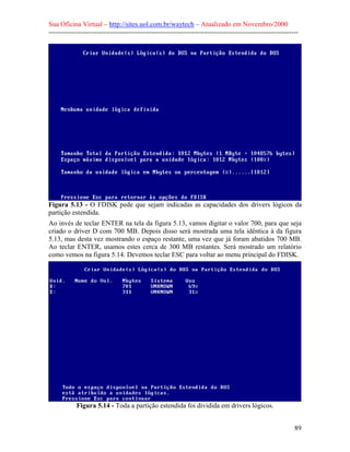 Sua Oficina Virtual – http://sites.uol.com.br/waytech – Atualizado em Novembro/2000
--------------------------------------------------------------------------------------------------------------




Figura 5.13 - O FDISK pede que sejam indicadas as capacidades dos drivers lógicos da
partição estendida.
Ao invés de teclar ENTER na tela da figura 5.13, vamos digitar o valor 700, para que seja
criado o driver D com 700 MB. Depois disso será mostrada uma tela idêntica à da figura
5.13, mas desta vez mostrando o espaço restante, uma vez que já foram abatidos 700 MB.
Ao teclar ENTER, usamos estes cerca de 300 MB restantes. Será mostrado um relatório
como vemos na figura 5.14. Devemos teclar ESC para voltar ao menu principal do FDISK.




            Figura 5.14 - Toda a partição estendida foi dividida em drivers lógicos.


                                                                                                            89
 
