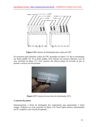 Sua Oficina Virtual – http://waytech.sites.uol.com.br – analfabetismo digital nunca mais.
--------------------------------------------------------------------------------------------------------------
Figura 1.26 Conector de alimentação para a placa de CPU.
Os conectores para alimentar a placa de CPU mostrados na figura 1.31 são os encontrados
nas fontes padrão AT. Já as fontes padrão ATX utilizam um conector diferente, com 20
vias, mostrado na figura 1.27. Este conector não oferece perigo de inversão, já que só
permite o encaixe em uma posição.
Figura 1.27 Conector de uma fonte de alimentação ATX.
A conexão das partes
Eletronicamente, a forma de interligação dos componentes aqui apresentados é muito
simples. Podemos ver essas conexões na figura 1.28. Nesta figura estamos representando
um PC completo, com exceção do gabinete.
33
 