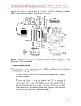 Sua Oficina Virtual – http://waytech.sites.uol.com.br – analfabetismo digital nunca mais.
--------------------------------------------------------------------------------------------------------------
placa de CPU, no disco rígido, no driver de CD-ROM e no driver de disquetes. A placa de
CPU possui ainda conexões para o painel frontal do gabinete.
Figura 4.3 Esquema de conexões na montagem de um PC usando uma placa de CPU
padrão AT, com slots ISA e PCI.
A montagem passo-a-passo
Vamos apresentar o roteiro geral para montar um PC, em qualquer tipo de gabinete, e
usando qualquer configuração de placas.
1) Abra o gabinete. Para fazê-lo, devem ser retirados os parafusos existentes
na sua parte traseira.
2) Antes de colocar o driver de disquetes de 3½" no gabinete, é
recomendável instalar o seu cabo flat, pois esta conexão é muito difícil de
ser feita depois que o driver está instalado no seu lugar definitivo (figura
4.4). Preste atenção na posição do pino 1 do conector do driver, que deve
estar alinhado com o fio vermelho do cabo. Uma vez no seu lugar, aparafuse
o driver com dois parafusos de cada lado (figura 4.5).
67
 