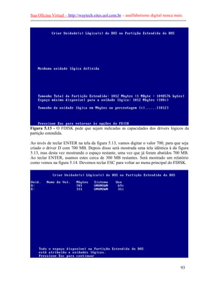 Sua Oficina Virtual – http://waytech.sites.uol.com.br – analfabetismo digital nunca mais.
--------------------------------------------------------------------------------------------------------------
Figura 5.13 - O FDISK pede que sejam indicadas as capacidades dos drivers lógicos da
partição estendida.
Ao invés de teclar ENTER na tela da figura 5.13, vamos digitar o valor 700, para que seja
criado o driver D com 700 MB. Depois disso será mostrada uma tela idêntica à da figura
5.13, mas desta vez mostrando o espaço restante, uma vez que já foram abatidos 700 MB.
Ao teclar ENTER, usamos estes cerca de 300 MB restantes. Será mostrado um relatório
como vemos na figura 5.14. Devemos teclar ESC para voltar ao menu principal do FDISK.
93
 
