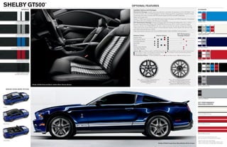sHelby gt500
                                                                    tm

                                                                                                              oPtional features
                                interior                                                                       Available Options and Packages                                                                                      eXterior
                                                                                                               Electronics Package includes dual-zone electronic automatic temperature control, hD RadioTM and
                                                                                                               hard drive-based, voice-activated Navigation System, featuring about 10 gigabytes of digital storage
                                                                                                               for pictures and music; includes AM/FM stereo/single-CD/DVD, and MP3 capability
                                                                                                               Glass roof (coupe only)
                                                                                                               Shaker TM 1000 Audio System with AM/FM stereo/single-CD player with MP3 capability, 10 speakers
                                                                                                               and 1000 watts (not available with electronics Package)
                        Charcoal Black Leather                                                                                                                                                                                     Grabber Blue
                     with White Racing Stripes                                                                 SVT Performance Package includes 3.73 gear ratio with limited-slip differential, 19-in. x 9.5-in.
                                                                                                               painted, forged-aluminum wheels with P265/40R19 front tires, 20-in. x 9.5-in. painted, forged-
                                                                                                               aluminum wheels with P285/35R20 rear tires, unique front and rear springs, unique rear shocks,
                                                                                                               unique shift knob, unique Shelby stripes, unique bodyside stripes, unique spoiler with Gurney Flap,
                                                                                                               and under-belly aerodynamic shield
                                                                                                               Tape stripe delete (standard with Charcoal Black leather seats with Black racing stripes)

                       Charcoal Black Leather                                                                                                                                                    SVT Performance                   Performance White
                     with Silver Racing Stripes                                                                Exterior Colors                            Interior Colors                        Package Stripes2
                                                                                                               Grabber Blue                                       	         	                      	 	
                                                                                                               Performance White	                          	     	    	    	                      	 	
                                                                                                               Kona Blue Metallic	                        	     	     	     	                      	  	 
                                                                                                               Race Red	                                  	     	     	     	                      	 	
                                                                                                               Black	                                     	     	    	    	                      	  	 
                       Charcoal Black Leather                                                                  Sterling Gray Metallic	                	    	     	     	     	                      	 	                         Kona Blue Metallic
              with Grabber Blue Racing Stripes                                                                 Ingot Silver Metallic	                 	            	     	    	                      	 	
                                                                                                               Interiors:  Charcoal Black Leather with White Racing Stripes  Charcoal Black Leather with Silver Racing Stripes
                                                                                                                Charcoal Black Leather with Grabber Blue Racing Stripes  Charcoal Black Leather with Red Racing Stripes
                                                                                                                Charcoal Black Leather with Black Racing Stripes
                                                                                                               SVT Performance Stripes:  White with Black Accent  Red with Black Accent  Red with Silver Accent


                       Charcoal Black Leather                                                                                                                                                                                      Race Red
                       with Red Racing Stripes




                       Charcoal Black Leather                                                                                                                                                                                      Black
                    with Black Racing Stripes1



                                                                                                                     19-in. x 9.5-in. Premium Painted-Aluminum                   19-in. x 9.5-in. Painted, Forged-Aluminum
                                                                                                                          Wheels with P255/40R19 Front                             Wheels with P265/40R19 Front and
                                                                                                                             and P285/35R19 Rear Tires                           20-in. x 9.5-in. Painted, Forged-Aluminum
                                                                                                                                       Standard                                    Wheels with P285/35R20 Rear Tires
                                                  Shelby GT500/Charcoal Black Leather/Silver Racing Stripes                                                                      available with SVT Performance Package
                                                                                                                                                                                                                                   Sterling Gray Metallic

    sHelby gt500 boDy styles




                                                                                                                                                                                                                                   Ingot Silver Metallic


                                                                                                                                                                                                                                   sVt Performance
                                                                                                                                                                                                                                   Package striPes
Coupe




                                                                                                                                                                                                                                   White with Black Accent




Glass Roof                                                                                                                                                                                                                         Red with Black Accent




                                                                                                                                                                                                                                   Red with Silver Accent

                                                                                                                                                                                                                                   Colors shown are representative only.
                                                                                                                                                                                                                                   See your dealer for actual paint/trim options.
Convertible                                                                                                                                                                                                                        Standard with tape stripe delete.
                                                                                                                                                                                                                                   1

                                                                                                                                                                                                                                   When ordered with Charcoal Black leather with
                                                                                                                                                                                                                                   2

                                                                                                                                                             Shelby GT500/Coupe/Kona Blue Metallic/White Stripes                   Black racing stripes, includes tape stripe delete.
 
