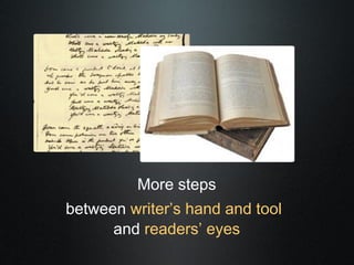 More steps
between writer’s hand and tool
      and readers’ eyes
 
