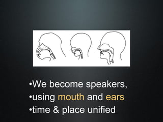•We become speakers,
•using mouth and ears
•time & place unified
 