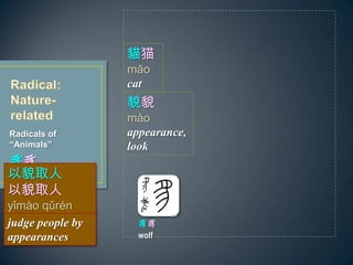 Radicals of
Animals

؈è
mo
cat

wolf
òò
mo
appearance,
look
òȡ
òȡ
ymo qrn
judge people by
appearances
 