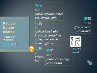 Radicals of
Animals
ȮȮ
@
hu
catch, capture, seize;
get, obtain, gain,
ȮȮ
animal

fn
violate/break (the
law etc.), commit (a
crime); encroach
upon; offender
I
xin
offer, present,
contribute

jing
praise, encourage;
prize, award
z
y
prison,
jail
 