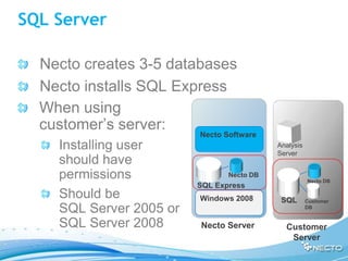 SQL Server

  Necto creates 3-5 databases
  Necto installs SQL Express
  When using
  customer’s server:
                         Necto Software
    Installing user                        Analysis
                                           Server
    should have
    permissions                 Necto DB
                                                      Necto DB
                         SQL Express
    Should be            Windows 2008       SQL       Customer
    SQL Server 2005 or                                DB


    SQL Server 2008      Necto Server        Customer
                                              Server
 