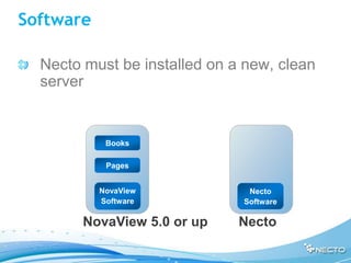 Software

  Necto must be installed on a new, clean
  server


            Books

            Pages


           NovaView            Necto
           Software           Software

        NovaView 5.0 or up    Necto
 