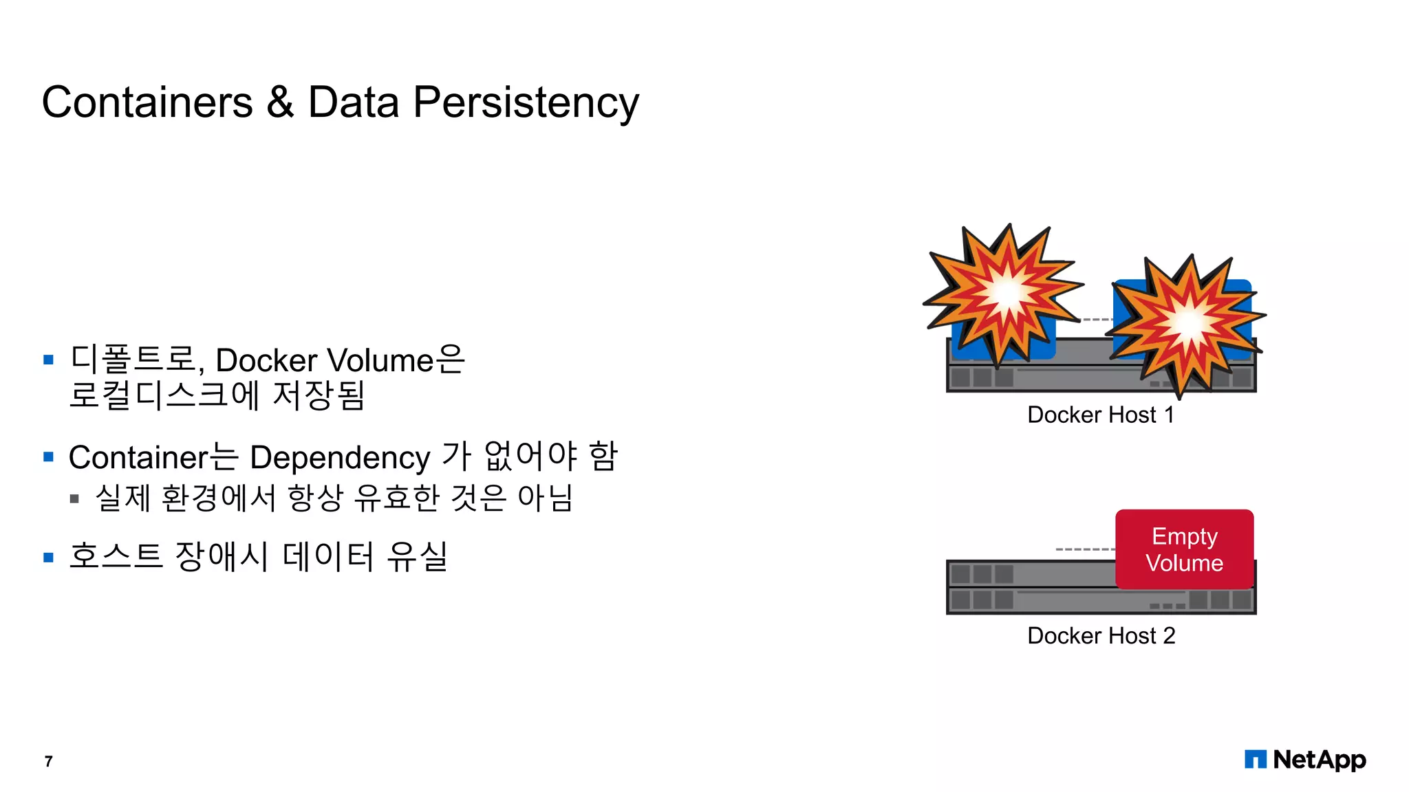 Containers & Data Persistency
 디폴트로, Docker Volume은
로컬디스크에 저장됨
 Container는 Dependency 가 없어야 함
 실제 환경에서 항상 유효한 것은 아님
 호스트 장애시 데이터 유실
App
Local
Docker
Volume
Empty
Volume
Docker Host 1
Docker Host 2
7
 