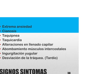 • Extrema ansiedad
• Cianosis
• Taquipnea
• Taquicardia
• Alteraciones en llenado capilar
• Abombamiento músculos intercostales
• Ingurgitación yugular
• Desviación de la tráquea. (Tardío)
 