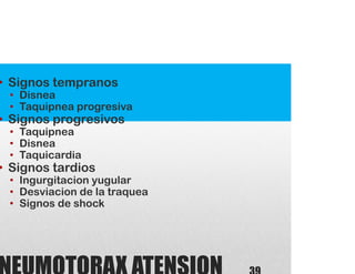 • Signos tempranos
• Disnea
• Taquipnea progresiva
• Signos progresivos
• Taquipnea
• Disnea
• Taquicardia
• Signos tardios
• Ingurgitacion yugular
• Desviacion de la traquea
• Signos de shock
 