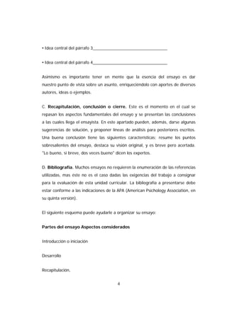• Idea central del párrafo 3________________________________


• Idea central del párrafo 4________________________________


Asimismo es importante tener en mente que la esencia del ensayo es dar
nuestro punto de vista sobre un asunto, enriqueciéndolo con aportes de diversos
autores, ideas o ejemplos.


C. Recapitulación, conclusión o cierre. Este es el momento en el cual se
repasan los aspectos fundamentales del ensayo y se presentan las conclusiones
a las cuales llega el ensayista. En este apartado pueden, además, darse algunas
sugerencias de solución, y proponer líneas de análisis para posteriores escritos.
Una buena conclusión tiene las siguientes características: resume los puntos
sobresalientes del ensayo, destaca su visión original, y es breve pero acertada.
"Lo bueno, si breve, dos veces bueno" dicen los expertos.


D. Bibliografía. Muchos ensayos no requieren la enumeración de las referencias
utilizadas, mas éste no es el caso dadas las exigencias del trabajo a consignar
para la evaluación de esta unidad curricular. La bibliografía a presentarse debe
estar conforme a las indicaciones de la APA (American Psichology Association, en
su quinta versión).


El siguiente esquema puede ayudarle a organizar su ensayo:


Partes del ensayo Aspectos considerados


Introducción o iniciación


Desarrollo


Recapitulación,


                                       4
 