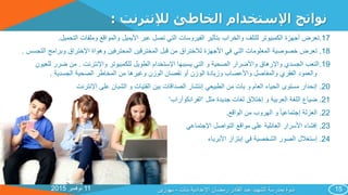 11‫نوفمبر‬2015
‫لإلنترنت‬ ‫الخاطئ‬ ‫اإلستخدام‬ ‫نواتج‬:
17.‫الت‬ ‫وملفات‬ ‫والمواقع‬ ‫األيميل‬ ‫عبر‬ ‫تصل‬ ‫التي‬ ‫الفيروسات‬ ‫بتأثير‬ ‫والخراب‬ ‫للتلف‬ ‫الكمبيوتر‬ ‫أجهزة‬ ‫تعرض‬‫حميل‬.
18.‫وبرامج‬ ‫اإلختراق‬ ‫وهواة‬ ‫المحترفين‬ ‫المخترقين‬ ‫قبل‬ ‫من‬ ‫لالختراق‬ ‫األجهزة‬ ‫في‬ ‫التي‬ ‫المعلومات‬ ‫خصوصية‬ ‫تعرض‬‫التجسس‬.
19.‫واإلنترنت‬ ‫للكمبيوتر‬ ‫الطويل‬ ‫اإلستخدام‬ ‫يسببها‬ ‫التي‬ ‫و‬ ‫الصحية‬ ‫واألضرار‬ ‫واإلرهاق‬ ‫الجسدي‬ ‫التعب‬.‫ضر‬ ‫من‬‫للعيون‬ ‫ر‬
‫الجسدية‬ ‫الصحية‬ ‫المخاطر‬ ‫من‬ ‫وغيرها‬ ‫الوزن‬ ‫نقصان‬ ‫أو‬ ‫الوزن‬ ‫وزيادة‬ ‫واألعصاب‬ ‫والمفاصل‬ ‫الفقري‬ ‫والعمود‬.
20.‫على‬ ‫الشبان‬ ‫و‬ ‫الفتيات‬ ‫بين‬ ‫الصداقات‬ ‫إنتشار‬ ‫الطبيعي‬ ‫من‬ ‫بات‬ ‫و‬ ‫العام‬ ‫الحياء‬ ‫مستوى‬ ‫إنحدار‬‫اإلنترنت‬
21.‫ضياع‬‫مثل‬ ‫جديدة‬ ‫لغات‬ ‫إختالق‬ ‫و‬ ‫العربية‬ ‫اللغة‬‘‫الفرانكوأراب‬‘
22.‫الواقع‬ ‫من‬ ‫الهروب‬ ‫و‬ ً‫ا‬‫إجتماعي‬ ‫العزلة‬.
23.‫اإلجتماعي‬ ‫التواصل‬ ‫مواقع‬ ‫على‬ ‫العائلية‬ ‫األسرار‬ ‫إفشاء‬
24.‫األبرياء‬ ‫إبتزاز‬ ‫في‬ ‫الشخصية‬ ‫الصور‬ ‫إستغالل‬
‫بنات‬ ‫اإلعدادية‬ ‫رمضان‬ ‫القادر‬ ‫عبد‬ ‫الشهيد‬ ‫بمدرسة‬ ‫ندوة‬-‫بهورين‬ 15
 