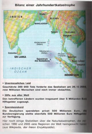 Dhaka
BANGLADESH
Yangon THAILAND
Bangkok
des Seebebens:^. Kualn I
INDONESIEN
• Unermessliches Leid
Geschätzte 300 000 Tote forderte das Seebeben am 26. IV.2
zwei Millionen Menschen sind noch immer obdachlos.
• Hilfe aus aller Welt
Den betroffenen Ländern wurden insgesamt über 5 Milliarden
Hilfsgelder zugesagt.
• Spendenrekord
Die Deutschen spendeten privat 500 Millionen Euro,
Bundesregierung stellte ebenfalls 500 Millionen Euro
zur Verfügung.
Hier noch einige Statistiken über die Naturkatastrophen. dlQ f l
sehen 1990 und 2005 viele Regionen der Welt heimgesucht lirilf
(aus Wikipedia, der freien Enzyklopädie).
Bilanz einer Jahrhundertkatastrophe
' r " Andamanen fo
(Indien)
Nikobaren
Colombo • (Indien) Phuket
SRI LANKA (Thailand) MALAYS|A
, : ^
I N D I S C H E R
O Z E A N V '
 