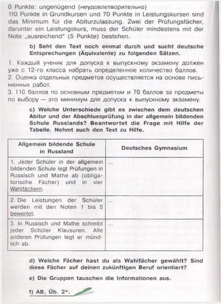 0 Punkte: ungenügend (неудовлетворительно)
110 Punkte in Grundkursen und 70 Punkte in Leistungskursen sind
das Minimum für die Abiturzulassung. Zwei der Prüfungsfächer,
darunter ein Leistungskurs, muss der Schüler mindestens mit der
Note „ausreichend“ (5 Punkte) bestehen.
b) Seht den Text noch einmal durch und sucht deutsche
Entsprechungen (Äquivalente) zu folgenden Sätzen.
1. Каждый ученик для допуска к выпускному экзамену должен
уже с 12-го класса набрать определенное количество баллов.
2. Оценка отдельных предметов осуществляется на основе пись­
менных работ.
3. 110 баллов по основным предметам и 70 баллов за предметы
по выбору — это минимум для допуска к выпускному экзамену.
c) Welche Unterschiede gibt es zwischen dem deutschen
Abitur und der Abschlussprüfung in der allgemein bildenden
Schule Russlands? Beantwortet die Frage mit Hilfe der
Tabelle. Nehmt auch den Text zu Hilfe.
Allgemein bildende Schule
in Russland
Deutsches Gymnasium
1. Jeder Schüler in der allgemein
bildenden Schule legt Prüfungen in
Russisch und Mathe ab (obliga­
torische Fächer) und in vier
Wahlfächern.
2. Die Leistungen der Schüler
werden mit den Noten 1 bis 5
bewertet.
3. In Russisch und Mathe schreibt
jeder Schüler Klausuren. Alle
anderen Prüfungen legt er münd­
lich ab.
d) Welche Fächer hast du als Wahlfächer gewählt? Sind
diese Fächer auf deinen zukünftigen Beruf orientiert?
e) Die Gruppen tauschen die Informationen aus.
f) AB, Üb. 2*.
 