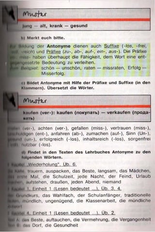 |ипу — alt, krank — gesund
h) Merkt euch bitte.
Wllilung der Antonyme dienen auch Suffixe (-los, -frei,
W, -mu h) und Präfixe (zu-, ab-, auf-, ein-, aus-). Die Präfixe
I Ibi/«;;- haben überhaupt die Fähigkeit, dem Wort eine ent-
ÄöfBetzte Bedeutung zu verleihen.
Beispiel: schön — unschön, raten — missraten, Erfolg —
Misserfolg.
<>) Bildet Antonyme mit Hilfe der Präfixe und Suffixe (in den
Klnmmern). Übersetzt die Wörter.
W l/U S +bf
knufen (ver-): kaufen (покупать) — verkaufen (прода-
M i l l b )
ЯП (ver-), achten (ver-), gefallen (miss-), vertrauen (miss-),
||нИщ<’П (ent-), anfahren (ab-), zumachen (auf-), Sinn (Un-),
jUHd (un-), erfolgreich (-los), inhaltsreich (-los), sorgenfrei
j|), iиit/bar (-los).
il) l ludet in den Texten des Lehrbuches Antonyme zu den
htluonden Wörtern.
Ilul ..Wiederholung“, Üb. 6 .
B|ltn, tiauern, auspacken, das Beste, langsam, das Mädchen,
i B tto Mal, die Schulzeit, jede Nacht, der Feind, Urlaub
IHflt, .uilstehen, draußen, jeden Abend, niemand
HUil I Einheit 1 (Lesen bedeutet Üb. 3, 4.
: Pfundkurs, das Wahlfach, der Schulanfänger, traditionelle
|fi, mundlich, ungenügend, die Klassenarbeit, die mündliche
in i
JfcUHti'l T Einheit 1 (Lesen bedeutet ...). Üb. 2.
Щ A «.Ihm Beste, auftauchen, die Vermehrung, die Vergangenheit
I M des Dorf, die Gesundheit
 