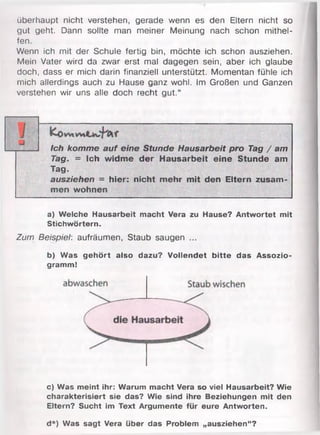 überhaupt nicht verstehen, gerade wenn es den Eltern nicht so
gut geht. Dann sollte man meiner Meinung nach schon mithel­
fen.
Wenn ich mit der Schule fertig bin, möchte ich schon ausziehen.
Mein Vater wird da zwar erst mal dagegen sein, aber ich glaube
doch, dass er mich darin finanziell unterstützt. Momentan fühle ich
mich allerdings auch zu Hause ganz wohl. Im Großen und Ganzen
verstehen wir uns alle doch recht gut.“
Ich komme auf eine Stunde Hausarbeit pro Tag / am
Tag. = Ich widme der Hausarbeit eine Stunde am
Tag.
ausziehen = hier: nicht mehr mit den Eltern zusam­
men wohnen
a) Welche Hausarbeit macht Vera zu Hause? Antwortet mit
Stichwörtern.
Zum Beispiel: aufräumen, Staub saugen ...
b) Was gehört also dazu? Vollendet bitte das Assozio-
gramm!
c) Was meint ihr: Warum macht Vera so viel Hausarbeit? Wie
charakterisiert sie das? Wie sind ihre Beziehungen mit den
Eltern? Sucht im Text Argumente für eure Antworten.
d*) Was sagt Vera über das Problem „ausziehen“?
 