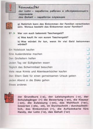 fco л»
der Lohn — заработок рабочих и обслуживающего
персонала
das Gehalt — заработок служащих
g) Natürlich kann das Einkommen der Familien verschieden
sein. Woraus besteht das Einkommen eurer Familien?
9 *. !► Wer von euch bekommt Taschengeld?
a) Was kauft ihr von eurem Taschengeld?
b) Was würdet ihr tun, wenn ihr viel Geld bekommen
würdet?
Ein Notebook kaufen □
Eine Auslandsreise machen □
Den Großeltern helfen J
Jeden Tag viel Süßigkeiten essen ü
Täglich das Schwimmbad besuchen J
Viele neue Krimis und Abenteuerbücher kaufen J
Den Eltern Geld für einen gemeinsamen Urlaub geben □
Jeden Abend in die Disko gehen J
Etwas anderes J
der Grundkurs (-e), der Leistungskurs (-e), der
Schulabgänger (=) die Bewertung {-en), die Klausur
(-en), die Zulassung (-en), das Wahlfach (-e r),
bewerten (-ete, -et), im Durchschnitt / durchschnitt­
lich, das Einkommen (=), die Aufladekarte fürs
Handy, der Lohn (”e), das Gehalt (-er)
 