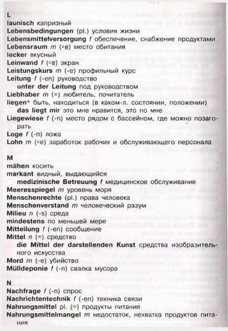 L
launisch капризный
Lebensbedingungen (pl.) условия жизни
Lebensmittelversorgung f обеспечение, снабжение продуктами
Lebensraum m (-e) место обитания
lecker вкусный
Leinwand f (-e) экран
Leistungskurs m (-e) профильный курс
Leitung f (-еп) руководство
unter der Leitung под руководством
Liebhaber m (=) любитель, почитатель
liegen* быть, находиться (в каком-л. состоянии, положении)
das liegt mir это мне нравится, это по мне
Liegewiese f (-п) место рядом с бассейном, где можно позаго­
рать
Loge f (-п) ложа
Lohn т (-е) заработок рабочих и обслуживающего персонала
М
mähen косить
markant видный, выдающийся
medizinische Betreuung f медицинское обслуживание
Meeresspiegel т уровень моря
Menschenrechte (pl.) права человека
Menschenverstand т человеческий разум
Milieu л (-s) среда
mindestens по меньшей мере
Mitteilung f (-еп) сообщение
Mittel л (=) средство
die Mittel der darstellenden Kunst средства изобразитель­
ного искусства
Mord m (-e) убийство
Mülldeponie f (-n) свалка мусора
N
Nachfrage f (-n) спрос
Nachrichtentechnik f (-еп) техника связи
Nahrungsmittel pl. (=) продукты питания
Nahrungsmittelmangel m недостаток, нехватка продуктов пита­
ния
 