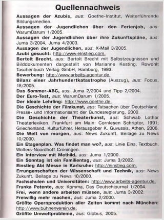 Quellennachweis
Aussagen der Azubis, aus: Goethe-Institut, Weiterführende
Bildungsmedien.
Aussagen der Jugendlichen über den Ferienjob, aus:
WarumDarum 1/2005.
Aussagen der Jugendlichen über ihre Zukunftspläne, aus:
Juma 3/2004, Juma 4/2003.
Aussagen der Jugendlichen, aus: X-Mail 3/2005.
Azubi gesucht: http://www.einstiea.com.
Bertolt Brecht, aus: Bertolt Brecht mit Selbstzeugnissen und
Bilddokumenten dargestellt von Marianne Kesting. Rowohlt
Taschenbuch Verlag GmbH, Hamburg, 1993.
Bewerbung: http://www.arbeits-aaentur.de.
Bilanz einer Jahrhundertkatastrophe (Auszug), aus: Focus,
18/2005.
Das Sommer-ABC, aus: Juma 2/2004 und Tipp 2/2004.
Der Euro-Test, aus: WarumDarum 1/2005.
Der ideale Lehrling: http://www.aoethe.de.
Die Geschichte der Filmkunst, aus: Tatsachen über Deutschland.
Presse- und Informationsamt der Bundesregierung, 2000.
Die Geschichte der Theaterkunst, aus: Schwab Lothar
Theaterlexikon. Frankfurt am Main: Cornlesen Schriptor, 1991;
Griechenland, Kulturführer. Herausgeber K. Guvussis, Athen, 2006.
Die Welt von morgen, aus: News Zukunft, Beilage zu News
10/2000.
Ein Etagenplan. Was findet man wo?, aus: Linie Eins, Textbuch,
Wolters-Noordhoff Croningen.
Ein Interview mit Methild, aus: Juma 1/2000.
Ein Sonntag ist ein Familientag, aus: Juma 3/2002.
Einstieg Abi Messe in Karlsruhe: http://einstiea.com.
Errungenschaften der Wissenschaft und Technik, aus: News
Zukunft. Beilage zu News 10/2000.
Fachschulen und Universitäten: http://www.arbeits-aqentur.de.
Franka Potente, aus: Komma, Das Deutschjournal 1/2004.
Frei, wenn andere arbeiten müssen, aus: Juma 3/2002.
Freiwillig mehr machen, aus: Juma 2/2000.
Größte Opernproduktion aller Zeiten kommt nach München:
http://www.bühnenverein.de.
Größte Umweltprobleme, aus: Globus, 2005.
 