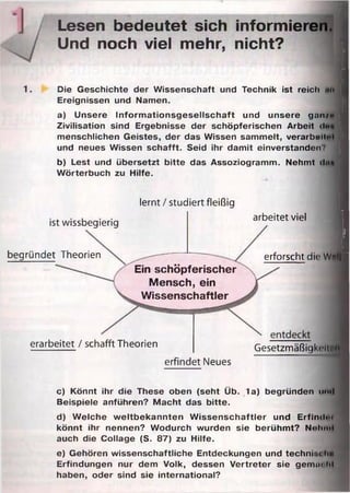 W0№% WB* /> ü PiPI m 7 h |
Lesen bedeutet sich informieren.
Und noch viel mehr, nicht?
1. Die Geschichte der W issenschaft und Technik ist reich Nil
Ereignissen und Namen.
a) Unsere Info rm a tio nsg e sellsch aft und unsere gnn/t«
Zivilisation sind Ergebnisse der schöpferischen Arbeit (IM
menschlichen Geistes, der das Wissen sammelt, verarbeitet
und neues Wissen schafft. Seid ihr dam it einverstanden?
b) Lest und übersetzt bitte das Assoziogramm. Nehmt ilnft
W örterbuch zu Hilfe.
lernt/studiert fleißig
ist wissbegierig
begründet Theorien
Ein schöpferischer
Mensch, ein
Wissenschaftler
arbeitet viel
erforscht die WmIIj
erarbeitet / schafft Theorien Gesetzmäßigkeit«
erfindet Neues
c) Könnt ihr die These oben (seht Üb. 1a) begründen mul
Beispiele anführen? Macht das bitte.
d) W elche w eltbekannten W issenschaftler und Erfind«»
könnt ihr nennen? W odurch wurden sie berühm t? Nolimi
auch die Collage (S. 87) zu Hilfe.
e) Gehören wissenschaftliche Entdeckungen und technist Iih
Erfindungen nur dem Volk, dessen V ertreter sie gemm lil
haben, oder sind sie international?
 