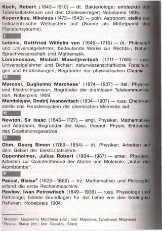 Koch, Robert (1843—1910) — dt. Bakteriologe; entdeckte ilii*i
Tuberkelbakterium und den Choleraerreger; Nobelpreis 1905.
Kopernikus, Nikolaus (1473—1543) — poln. Astronom; stellte dn|l
heliozentrische Weltsystem auf (Sonne als Mittelpunkt duo
Planetensystems).
Leibniz, Gottfried Wilhelm von (1646—1716) — dt. Philos< >i>!•
und Universalgelehrter; bedeutende Werke zur Rechts-, Natui ,
Sprachwissenschaft und Mathematik.
Lomonossow, Michail Wassiljewitsch (1711 —1765) — ruvi
Universalgelehrter und Dichter; naturwissenschaftliche Forscht in
gen und Entdeckungen; Begründer der physikalischen Chemie
M
Marconi, Guglielmo Marchese1 (1874—1937) — ital. Physihm
und Elektro-Ingenieur; Begründer der drahtlosen Telekommunllui
tion. Nobelpreis 1909.
Mendelejew, Dmitrij Iwanowitsch (1834—1907) — russ. Chemikni j
stellte das Periodensystem der chemischen Elemente auf.
N
Newton, Sir Isaac (1643—1727) — engl. Physiker, Mathematik«»
und Astronom; Begründer der klass. theoret. Physik; Entdeck»m
des Gravitationsgesetzes.
Ohm, Georg Simon (1789—1854) — dt. Physiker; Arbeiten auf
dem Gebiet der Elektrizitätslehre.
Oppenheimer, Julius Robert (1904—1967) — amer. Physikm,
Arbeiten zur Quantentheorie der Atome und Moleküle; „Vater dof
Atombombe“.
Pascal, Blaise2 (1623—1662) — frz. Mathematiker und Philosoph
erfand die erste Rechenmaschine.
Pawlow, Iwan Petrowitsch (1849—1936) — russ. Physiologe mul
Pathologe; bildete Grundlagen für die Lehre von den bedingtall
Reflexen. Nobelpreis 1904.
1Marconi, Guglielmo Marchese (ital.; lies: Маркбни, Гульёльмо Марчёзе)
Pascal, Blaise (frz.; lies: Паскаль, Блез)
 