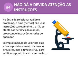 NÃO DÁ A DEVIDA ATENÇÃO AS
INSTRUÇÕES
#4
Na ânsia de solucionar rápido o
problema, o time (peritos) não lê as
instruções corretamente... e não se
atenta aos detalhes do manual,
provocando instruções erradas ao
operador
Exemplo: módulo de Labirinto dizia
sobre o posicionamento de marcas
circulares, mas o time instruiu para
verificar o ponto branco e vermelho...
 