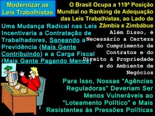 Modernizar asModernizar as
Leis TrabalhistasLeis Trabalhistas
O Brasil Ocupa a 119ª PosiçãoO Brasil Ocupa a 119ª Posição
Mundial no Ranking de AdequaçãoMundial no Ranking de Adequação
das Leis Trabalhistas, ao Lado dedas Leis Trabalhistas, ao Lado de
Zâmbia e ZimbábueZâmbia e ZimbábueUma Mudança Radical nas LeisUma Mudança Radical nas Leis
Incentivaria a Contratação deIncentivaria a Contratação de
Trabalhadores,Trabalhadores, SaneandoSaneando aa
Previdência (Previdência ( Mais GenteMais Gente
ContribuindoContribuindo ) e a Carga Fiscal) e a Carga Fiscal
((Mais Gente Pagando MenosMais Gente Pagando Menos ))
Além Disso, é
Necessário a Certeza
do Cumprimento de
Contratos e do
Direito à Propriedade
e do Ambiente de
Negócios
Para Isso, Nossas “AgênciasPara Isso, Nossas “Agências
Reguladoras” Deveriam SerReguladoras” Deveriam Ser
Menos Vulneráveis aoMenos Vulneráveis ao
“Loteamento Político” e Mais“Loteamento Político” e Mais
Resistentes às Pressões PolíticasResistentes às Pressões Políticas
 