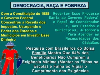 DEMOCRACIA, RAÇA E POBREZADEMOCRACIA, RAÇA E POBREZA
Com a Constituição de 1988Com a Constituição de 1988
o Governo Federalo Governo Federal
Concentrou a Receita dosConcentrou a Receita dos
Impostos, Usurpando oImpostos, Usurpando o
Poder dos Estados ePoder dos Estados e
Municípios em Investir EsseMunicípios em Investir Esse
DinheiroDinheiro
Reverter Esse ProcessoReverter Esse Processo
Daria ao Governo FederalDaria ao Governo Federal
o Papel de Coordenadoro Papel de Coordenador
e, aos Estados ee, aos Estados e
Municípios, AutonomiaMunicípios, Autonomia
Para Atender àsPara Atender às
Necessidades dosNecessidades dos
CidadãosCidadãos
Pesquisa com Brasileiros doPesquisa com Brasileiros do BolsaBolsa
FamíliaFamília Mostra Que 64% dosMostra Que 64% dos
Beneficiários Não Cumprem aBeneficiários Não Cumprem a
Exigência Mínima (Manter os Filhos naExigência Mínima (Manter os Filhos na
Escola) e Falha ao Vigiar oEscola) e Falha ao Vigiar o
Cumprimento das ExigênciasCumprimento das Exigências
 