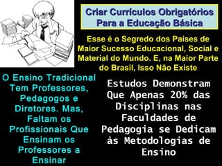 Criar Currículos ObrigatóriosCriar Currículos Obrigatórios
Para a Educação BásicaPara a Educação Básica
Esse é o Segredo dos Países deEsse é o Segredo dos Países de
Maior Sucesso Educacional, Social eMaior Sucesso Educacional, Social e
Material do Mundo. E, na Maior ParteMaterial do Mundo. E, na Maior Parte
do Brasil, Isso Não Existedo Brasil, Isso Não Existe
O Ensino TradicionalO Ensino Tradicional
Tem Professores,Tem Professores,
Pedagogos ePedagogos e
Diretores. Mas,Diretores. Mas,
Faltam osFaltam os
Profissionais QueProfissionais Que
Ensinam osEnsinam os
Professores aProfessores a
EnsinarEnsinar
Estudos DemonstramEstudos Demonstram
Que Apenas 20% dasQue Apenas 20% das
Disciplinas nasDisciplinas nas
Faculdades deFaculdades de
Pedagogia se DedicamPedagogia se Dedicam
às Metodologias deàs Metodologias de
EnsinoEnsino
 