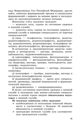 45
воду Вооружённых Сил Российской Федерации, других
войск, воинских формирований, органов и специальных
формирований с мирного на военное время и последую-
щего их доукомплектования личным составом.
Воинскому учёту подлежат граждане:
— мужского пола, годные по состоянию здоровья
к военной службе;
— женского пола, годные по состоянию здоровья к
военной службе и имеющие специальность по перечню
специальностей:
а) связь — телефонисты, телеграфисты, радисты,
радиотелефонисты, радиотелеграфисты, радиометрис-
ты, радиомеханики, радиооператоры, телеграфные ме-
ханики, фототелеграфисты, фоторадиотелеграфисты;
б) оптические и звукометрические средства изме-
рения и метеорология — мастера, механики, метео-
наблюдатели, гидрометеонаблюдатели;
в) картография, топогеодезия, фотограмметрия и
аэрофотослужба — фотограмметристы, фотолаборан-
ты, операторы, мастера, гравёры, топогеодезисты, цин-
кографы, теодолитчики;
г) вычислительная техника — мастера, механики,
операторы;
д) полиграфия — гравёры, цинкографы, мастера и
наладчики полиграфических машин;
е) медицинский профиль — врачи всех специаль-
ностей, провизоры, средний медицинский и фармацев-
тический персонал;
ж) радиомеханика — кинорадиомеханики.
В целях улучшения подготовки граждан к военной
службе и овладению ими военно-учётными специаль-
ностями в нашей стране введена обязательная подго-
товка к военной службе.
Не подлежат воинскому учёту граждане:
освобождённые от исполнения воинской обязан-
ности в соответствии с Законом «О воинской
обязанности и военной службе»;
проходящие военную службу или альтернатив-
ную гражданскую службу;
 