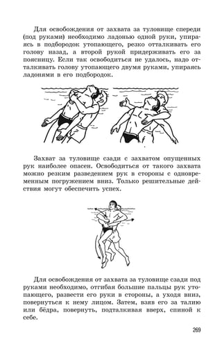 269
Для освобождения от захвата за туловище спереди
(под руками) необходимо ладонью одной руки, упира-
ясь в подбородок утопающего, резко отталкивать его
голову назад, а второй рукой придерживать его за
поясницу. Если так освободиться не удалось, надо от-
талкивать голову утопающего двумя руками, упираясь
ладонями в его подбородок.
Захват за туловище сзади с захватом опущенных
рук наиболее опасен. Освободиться от такого захвата
можно резким разведением рук в стороны с одновре-
менным погружением вниз. Только решительные дей-
ствия могут обеспечить успех.
Для освобождения от захвата за туловище сзади под
руками необходимо, отгибая большие пальцы рук уто-
пающего, развести его руки в стороны, а уходя вниз,
повернуться к нему лицом. Затем, взяв его за талию
или бёдра, повернуть, подталкивая вверх, спиной к
себе.
 