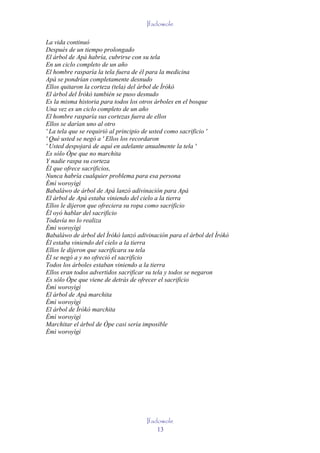 Ifadowole

La vida continuó
Después de un tiempo prolongado
El árbol de Apá habría, cubrirse con su tela
En un ciclo completo de un año
El hombre rasparía la tela fuera de él para la medicina
Apá se pondrían completamente desnudo
Ellos quitaron la corteza (tela) del árbol de Ìrókò
El árbol del Ìrókò también se puso desnudo
Es la misma historia para todos los otros árboles en el bosque
Una vez es un ciclo completo de un año
El hombre rasparía sus cortezas fuera de ellos
Ellos se darían uno al otro
' La tela que se requirió al principio de usted como sacrificio '
' Qué usted se negó a ' Ellos los recordaron
' Usted despojará de aquí en adelante anualmente la tela '
Es sólo Òpe que no marchita
Y nadie raspa su corteza
Él que ofrece sacrificios,
Nunca habría cualquier problema para esa persona
Èmì woroyìgì
Babaláwo de árbol de Apá lanzó adivinación para Apá
El árbol de Apá estaba viniendo del cielo a la tierra
Ellos le dijeron que ofreciera su ropa como sacrificio
Él oyó hablar del sacrificio
Todavía no lo realiza
Èmì woroyìgì
Babaláwo de árbol del Ìrókò lanzó adivinación para el árbol del Ìrókò
Él estaba viniendo del cielo a la tierra
Ellos le dijeron que sacrificara su tela
Él se negó a y no ofreció el sacrificio
Todos los árboles estaban viniendo a la tierra
Ellos eran todos advertidos sacrificar su tela y todos se negaron
Es sólo Òpe que viene de detrás de ofrecer el sacrificio
Èmì woroyìgì
El árbol de Apá marchita
Èmì woroyìgì
El árbol de Ìrókò marchita
Èmì woroyìgì
Marchitar el árbol de Òpe casi sería imposible
Èmì woroyìgì




                                      Ifadowole
                                          13
 