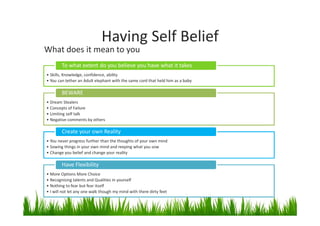 • Skills, Knowledge, confidence, ability
• You can tether an Adult elephant with the same cord that held him as a baby
To what extent do you believe you have what it takes
• Dream Stealers
• Concepts of Failure
• Limiting self talk
• Negative comments by others
BEWARE
• You never progress further than the thoughts of your own mind
• Sowing things in your own mind and reeping what you sow
• Change you belief and change your reality
Create your own Reality
• More Options More Choice
• Recognising talents and Qualities in yourself
• Nothing to fear but fear itself
• I will not let any one walk though my mind with there dirty feet
Have Flexibility
Having Self Belief
What does it mean to you
 