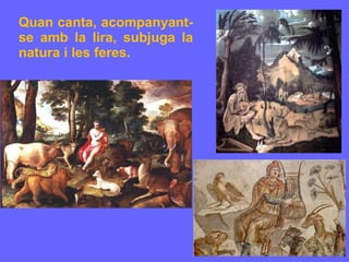 Quan canta, acompanyant-se amb la lira, subjuga la natura i les feres. 