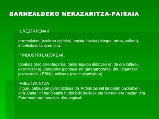 BARNEALDEKO NEKAZARITZA-PAISAIA UREZTAPENAK  erremolatxa (azukrea egiteko), patata, bazka (alpapa, artoa, zalkea), intentsiboki lantzen dira.   * INDUSTRI LABOREAK: tabakoa (oso errentagarria, baina legedia aldatzen ari da eta kalteak ekar ditzake), garagarra (pentsua eta garagardorako, diru laguntzak jasotzen ditu EBtik), ekilorea (oso mekanizatua). ABELTZAINTZA inguru batzuetan garrantzitsua da. Ardiak zereal landetan bazkatzen dira. Baita hiri handietatik hurbil behi ikuiluak eta txerriak ere hazten dira. Extremaduran bereziak dira angioak. 