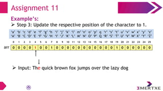 Assignment 11
Example’s:
 Step 3: Update the respective position of the character to 1.
0 0 0 0 1 0 0 1 0 0 0 0 0 0 0 0 0 0 0 1 0 0 0 0 0 0
arr
‘a’
‘A’
‘b’
‘B’
‘c’
‘C’
‘e’
‘E’
‘f’
‘F’
‘g’
‘G’
‘h’
‘H’
‘i’
‘I’
‘d’
‘D’
‘q’
‘Q’
‘p’
‘P’
‘o’
‘O’
‘n’
‘N’
‘m’
‘M’
‘l’
‘L’
‘k’
‘K’
‘j’
‘J’
‘x’
‘X’
‘w’
‘W’
‘v’
‘V’
‘u’
‘U’
‘t’
‘T’
‘s’
‘S’
‘r’
‘R’
‘y’
‘Y’
‘z’
‘Z’
0 1 2 3 4 5 6 7 8 9 10 11 12 13 14 15 16 17 18 19 20 21 22 23 24 25
 Input: The quick brown fox jumps over the lazy dog
 