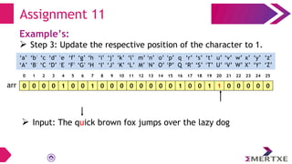 Assignment 11
Example’s:
 Step 3: Update the respective position of the character to 1.
0 0 0 0 1 0 0 1 0 0 0 0 0 0 0 0 1 0 0 1 1 0 0 0 0 0
arr
‘a’
‘A’
‘b’
‘B’
‘c’
‘C’
‘e’
‘E’
‘f’
‘F’
‘g’
‘G’
‘h’
‘H’
‘i’
‘I’
‘d’
‘D’
‘q’
‘Q’
‘p’
‘P’
‘o’
‘O’
‘n’
‘N’
‘m’
‘M’
‘l’
‘L’
‘k’
‘K’
‘j’
‘J’
‘x’
‘X’
‘w’
‘W’
‘v’
‘V’
‘u’
‘U’
‘t’
‘T’
‘s’
‘S’
‘r’
‘R’
‘y’
‘Y’
‘z’
‘Z’
0 1 2 3 4 5 6 7 8 9 10 11 12 13 14 15 16 17 18 19 20 21 22 23 24 25
 Input: The quick brown fox jumps over the lazy dog
 