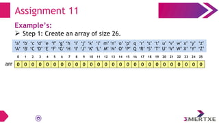 Assignment 11
Example’s:
 Step 1: Create an array of size 26.
0 0 0 0 0 0 0 0 0 0 0 0 0 0 0 0 0 0 0 0 0 0 0 0 0 0
arr
‘a’
‘A’
‘b’
‘B’
‘c’
‘C’
‘e’
‘E’
‘f’
‘F’
‘g’
‘G’
‘h’
‘H’
‘i’
‘I’
‘d’
‘D’
‘q’
‘Q’
‘p’
‘P’
‘o’
‘O’
‘n’
‘N’
‘m’
‘M’
‘l’
‘L’
‘k’
‘K’
‘j’
‘J’
‘x’
‘X’
‘w’
‘W’
‘v’
‘V’
‘u’
‘U’
‘t’
‘T’
‘s’
‘S’
‘r’
‘R’
‘y’
‘Y’
‘z’
‘Z’
0 1 2 3 4 5 6 7 8 9 10 11 12 13 14 15 16 17 18 19 20 21 22 23 24 25
 