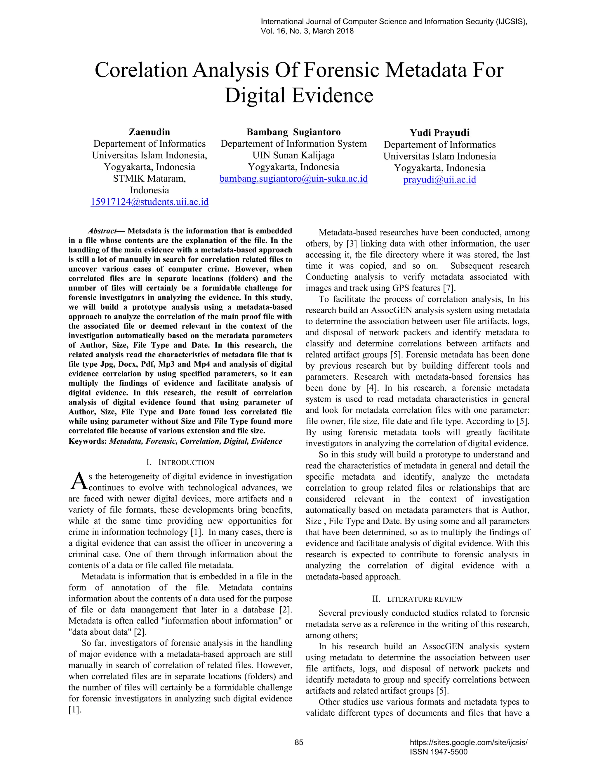Correlation Analysis of Forensic Metadata for Digital Evidence | PDF
