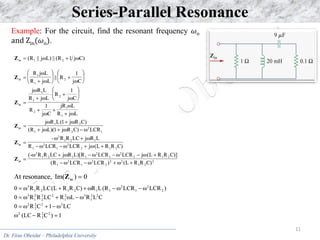 Dr. Firas Obeidat – Philadelphia University
11
Series-Parallel Resonance
Example: For the circuit, find the resonant frequency 𝜔o
and Zin(𝜔o).
 