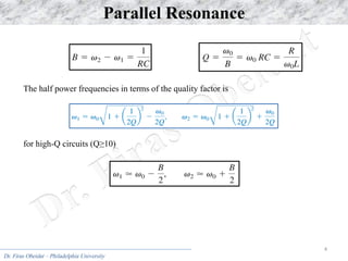 Dr. Firas Obeidat – Philadelphia University
4
Parallel Resonance
The half power frequencies in terms of the quality factor is
for high-Q circuits (Q≥10)
 