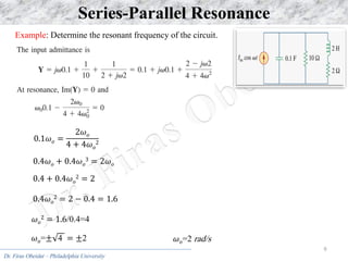 Dr. Firas Obeidat – Philadelphia University
9
Series-Parallel Resonance
Example: Determine the resonant frequency of the circuit.
0.1𝜔𝑜 =
2𝜔𝑜
4 + 4𝜔𝑜
2
0.4𝜔𝑜 + 0.4𝜔𝑜
3 = 2𝜔𝑜
0.4 + 0.4𝜔𝑜
2 = 2
0.4𝜔𝑜
2 = 2 − 0.4 = 1.6
𝜔𝑜
2 = 1.6/0.4=4
𝜔𝑜=± 4 = ±2 𝜔𝑜=2 rad/s
 