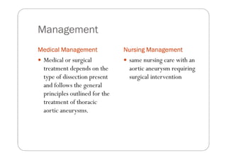 Management
Medical Management             Nursing Management
 Medical or surgical            same nursing care with an
 treatment depends on the       aortic aneurysm requiring
 type of dissection present     surgical intervention
 and follows the general
 principles outlined for the
 treatment of thoracic
 aortic aneurysms.
 