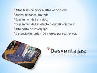 * Altas tasas de error a altas velocidades.
* Ancho de banda limitado.
* Baja inmunidad al ruido.
* Baja inmunidad al efecto crosstalk (diafonía)
* Alto costo de los equipos.
* Distancia limitada (100 metros por segmento).

*

 