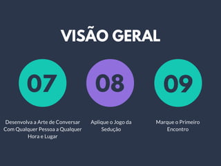 VISÃO GERAL
Desenvolva a Arte de Conversar
Com Qualquer Pessoa a Qualquer
Hora e Lugar
Marque o Primeiro
Encontro
Aplique o Jogo da
Sedução
07 08 09
 