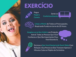 EXERCÍCIO
Pegue
Papel e
Caneta
Sente-se
Confortavelmente
Limpe a Mente de Todas as Preocupações,
Respirando Fundo em torno de 20 Vezes.
Imagine-se no Seu Velório em Projeção
Astral. Todas as Pessoas Que Você
Conheceu e Que São Importantes Para
Você Estarão lá.
Escreva o Que Você Gostaria de Ouvir Delas Com
Relação à Sua Pessoa se Elas Tivessem Apenas 3
Minutos Cada no Púlpito da Cerimônia.
 